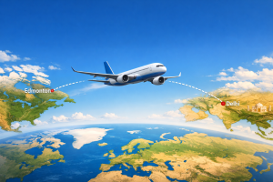 Cheap flights from Canada to India showing Edmonton to Delhi flight route