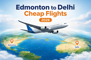 Airplane flying from Edmonton to Delhi over a world map