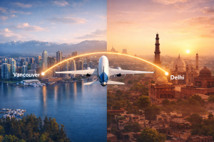 Commercial airplane flying between Vancouver and Delhi with a glowing flight path. Left panel shows Vancouver city skyline with mountains and water, right panel shows Delhi skyline with iconic landmarks at sunset. Split-view travel illustration for blog