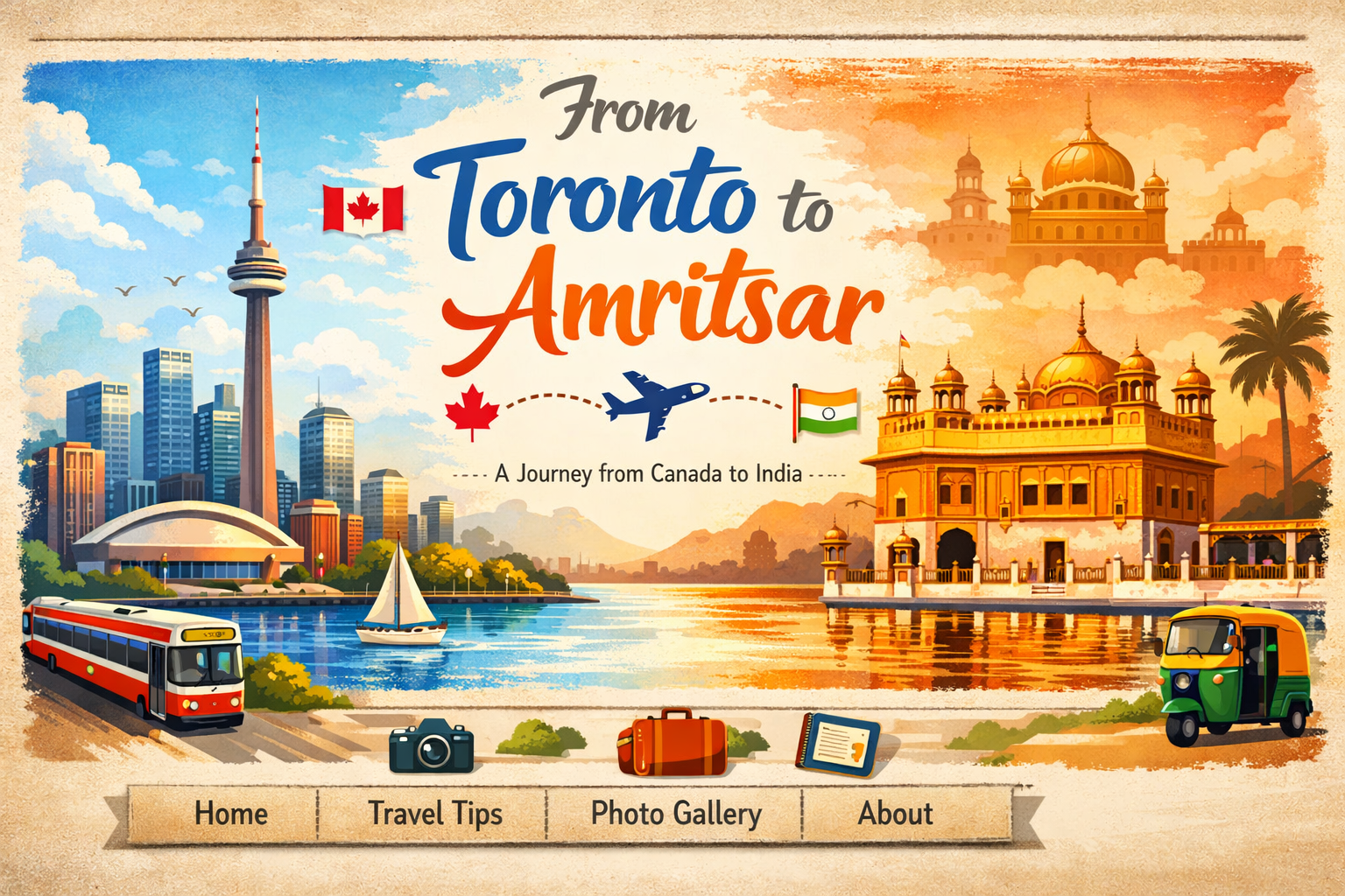Toronto to Amritsar flight route showing airplane travel from Canada to India with Toronto skyline and Golden Temple Amritsar