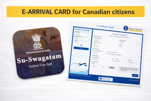 WordPress blog banner showing Su-Swagatam Indian Visa App and India e-Arrival Card printouts with header “E-ARRIVAL CARD for Canadian citizens” on yellow background.
