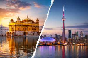 Split blog banner image showing the Golden Temple in Amritsar glowing at sunset on the left, reflected in its holy water, and the CN Tower in Toronto illuminated at dusk on the right, separated by a torn-paper style divide.